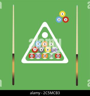 Biliardo, collezione di palline da biliardo su sfondo verde. Illustrazione vettoriale in stile piatto alla moda. ESP 10. Illustrazione Vettoriale
