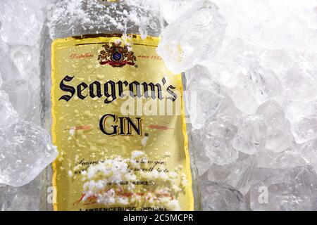POZNAN, POL - 28 MAGGIO 2020: Bottiglia di Seagrams Gin, il gin più venduto in America, prodotto dal 1939. Foto Stock