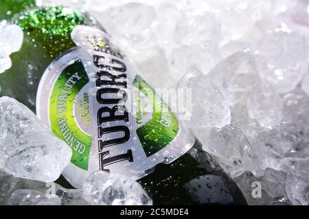 POZNAN, POL - 10 GIU 2020: Bottiglia di birra Tuborg, prodotta da una società di produzione di birra danese fondata nel 1873 vicino a Copenhagen Foto Stock