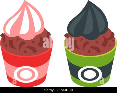 Set di icone vettoriali per gelato a fumetti in diversi gusti, tazze e con vari condimenti. Illustrazioni isolate. Illustrazione Vettoriale