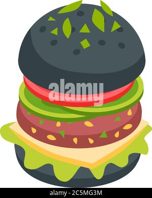Hamburger neri con formaggio, cipolle, lattuga e pomodoro. Il vettore si isola in stile piano cartoon. Sfondo bianco. Illustrazione Vettoriale