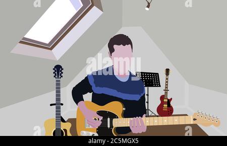 Pratica la chitarra, comporre musica nella soffitta. Quarantena durante la situazione epidemica di Covid-19. Concentratevi sulla chitarra. Foto Stock