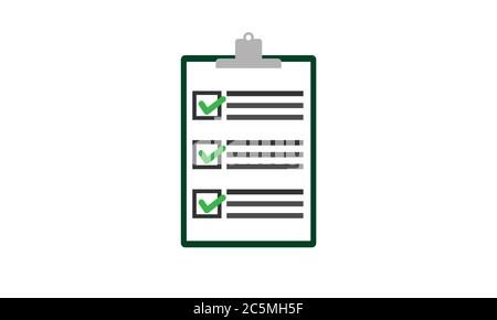 Vettore di una clipboard scura con carta bianca con scrittura astratta e caselle con segni di spunta verdi o segni di spunta isolati su sfondo bianco. Illustrazione Vettoriale