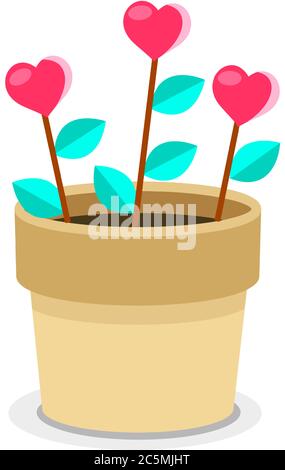 Icona cuore in vaso da fiore piatto. Fiore a forma di cuore in icone di colore pentola in stile piatto alla moda. Design in stile sfumato floreale, progettato per il Web e le applicazioni Illustrazione Vettoriale