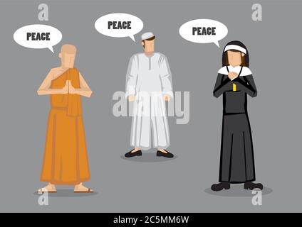 Monaco, suora e profeta musulmano con palloncini di discorso che dicono la pace. Illustrazione vettoriale su obiettivo universale attraverso diverse religioni concetto isolato su g Illustrazione Vettoriale