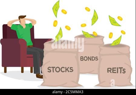 I soldi che cadono dal cielo in tre sacchi di azioni, obbligazioni e REIT mentre si riposano su una sedia. Concetto di reddito passivo o di guadagno di investimento. Vettore Illustrazione Vettoriale