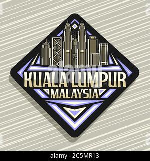 Logo vettoriale per Kuala Lumpur, cartello nero con la scritta raffigurante la moderna città di kuala lumpur sullo sfondo del cielo serale, magnete frigo con u Illustrazione Vettoriale