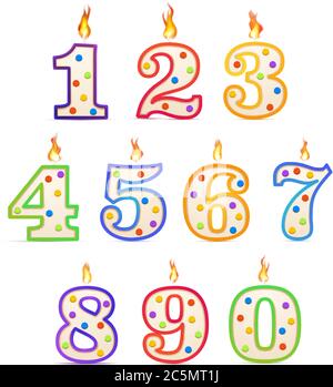 Le candele di compleanno nei diversi numeri formano con il fuoco su bianco Illustrazione Vettoriale