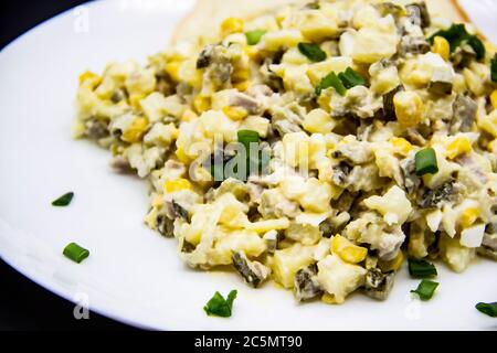 Insalata Ucraina e russa Olivier secondo una nuova ricetta su un piatto bianco. Insalata sana Olivier con carne, mais e fette di pane bianco. DELIC Foto Stock