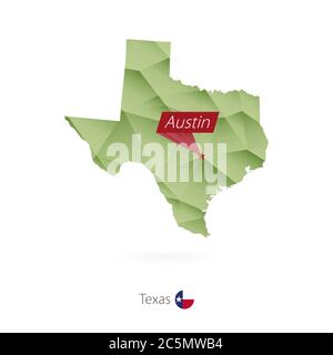 Mappa poly bassa gradiente verde del Texas con la capitale Austin Illustrazione Vettoriale