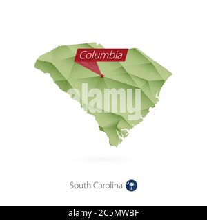 Mappa poly bassa gradiente verde del South Carolina con la capitale Columbia Illustrazione Vettoriale