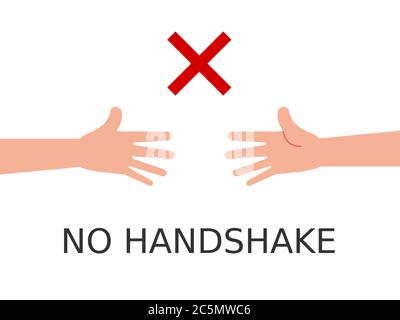 Nessun simbolo di handshake su sfondo bianco. Due bracci che si allungano l'uno verso l'altro. Evitare di toccare. Interrompere il gesto di saluto di handshake. Cartoni animati mani. Vettore Illustrazione Vettoriale