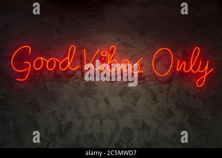 Neon con la parola buone vibrazioni solo, sulla struttura della parete. Foto Stock