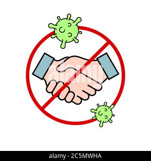 Nessun simbolo di handshake in un cerchio rosso. Stop handshakes segno di colore con un'icona di linea di coronavirus. Covid - 19 prevenzione. Evitare di toccare le mani delle persone. Illustrazione Vettoriale