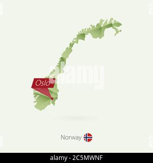 Mappa poly bassa gradiente verde della Norvegia con la capitale Oslo Illustrazione Vettoriale