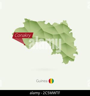 Mappa poly bassa gradiente verde della Guinea con la capitale Conakry Illustrazione Vettoriale