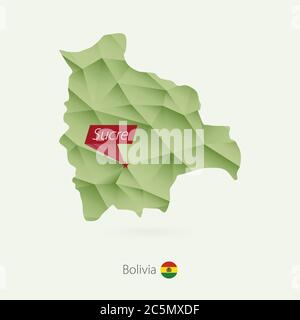Mappa poly bassa gradiente verde della Bolivia con Sucre capitale Illustrazione Vettoriale