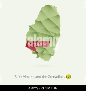 Mappa poly bassa gradiente verde di Saint Vincent e Grenadine con capitale Kingstown Illustrazione Vettoriale