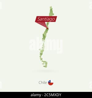 Mappa poly bassa gradiente verde del Cile con la capitale Santiago Illustrazione Vettoriale