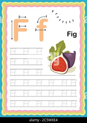 Prescolare lettera colorata F maiuscola e minuscola gli alfabeti di traccia iniziano con verdure e frutta foglio di lavoro di scrittura quotidiano, A4 stampabile Illustrazione Vettoriale
