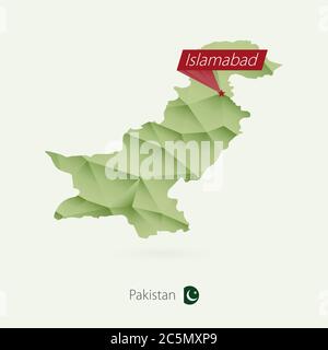 Mappa poly bassa gradiente verde del Pakistan con la capitale Islamabad Illustrazione Vettoriale