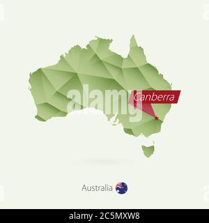 Mappa poly bassa gradiente verde dell'Australia con la capitale Canberra Illustrazione Vettoriale