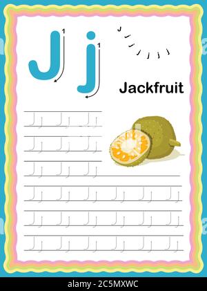 Prescolare lettera colorata J maiuscola e minuscola gli alfabeti di traccia iniziano con verdure e frutta foglio di lavoro di scrittura quotidiano, A4 stampabile Illustrazione Vettoriale