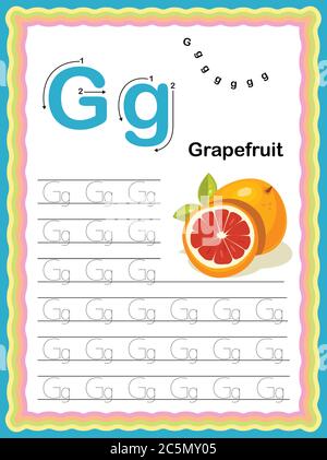 Prescolare lettera colorata K maiuscola e minuscola gli alfabeti di traccia iniziano con verdure e frutta foglio di lavoro di scrittura quotidiano, A4 stampabile Illustrazione Vettoriale