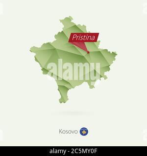 Mappa poly bassa gradiente verde del Kosovo con la capitale Pristina Illustrazione Vettoriale