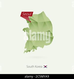 Mappa polypoly bassa gradiente verde della Corea del Sud con la capitale Seoul Illustrazione Vettoriale