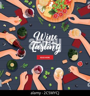 Persone che bevono vino. Vista dall'alto cartoni animati piatti illustrazione vettoriale delle mani umane con bicchieri e bottiglie. Degustazione di vini o festa. Wi Illustrazione Vettoriale