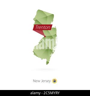 Mappa poly bassa gradiente verde del New Jersey con la capitale Trenton Illustrazione Vettoriale