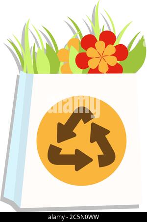 Sacchetto per rifiuti con cartello di riciclaggio. Simbolo di uno stile di vita sano e rispetto per la natura. Raccolta di rifiuti in natura. Illustrazioni vettoriali piatte. Illustrazione Vettoriale