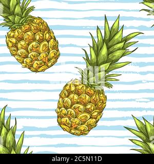 Motivo tropicale senza giunture. Esotico frutto di ananas su fondo blu strisce di colore bianco. Illustrazione dello schizzo disegnata a mano dal vettore. Design estivo per Illustrazione Vettoriale