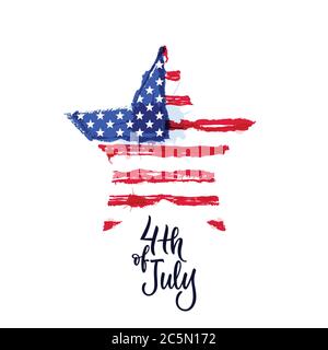 Felice 4 luglio, USA Independence Day. Illustrazione vettoriale. Scritta calligrafia disegnata a mano e bandiera americana di acquerello in forma di stella. Vacanze pri Illustrazione Vettoriale