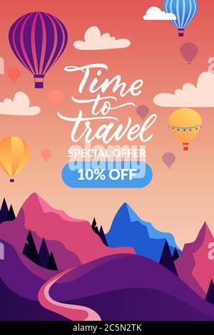 Modello di progettazione di banner o poster Time to Travel. Mongolfiere in cielo tramonto, paesaggio montano, calligrafia disegnata a mano. Vector Flat CAR Illustrazione Vettoriale