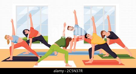 La gente si trova in posizione triangolare tribonasana. Donne e uomini che praticano yoga e meditazione con istruttore in studio. Vettore cartoni animati piani illu Illustrazione Vettoriale