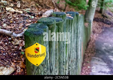 Segnavia standard su un sentiero forestale a Berna, Svizzera Foto Stock