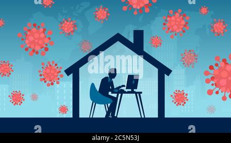 Vettore di un uomo d'affari che lavora da casa durante la pandemia del coronavirus Illustrazione Vettoriale