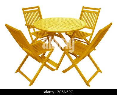 Tavolo e sedie in legno giallo isolati su bianco con Clipping Path Foto Stock