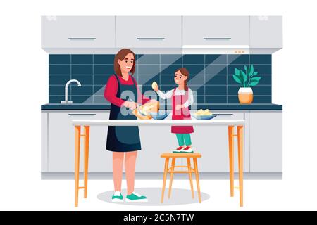 Buona madre e figlia che cucinano la colazione in cucina. Mamma e bambina che si cuocia, facendo l'impasto. Illustrazione dei caratteri vettoriali. Vita di svago per famiglie Illustrazione Vettoriale