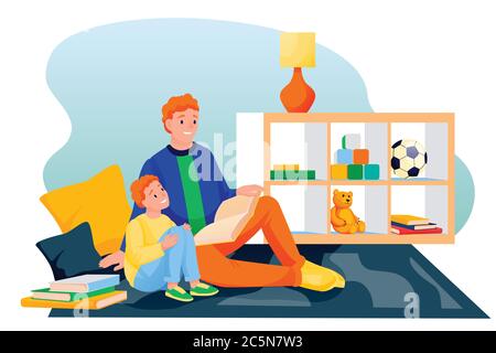 Felice padre e figlio che legge insieme il libro delle favole. Papà e bambino seduti sul tappeto in sala giochi e imparare. Illustrazione dei caratteri vettoriali. F Illustrazione Vettoriale