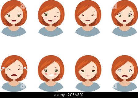 Emozioni della donna - raccolta di emozioni diverse, felici, tristi, arrabbiati, spaventati, piangenti, stanchi, allegri, stregati. Illustrazioni vettoriali con cute Illustrazione Vettoriale