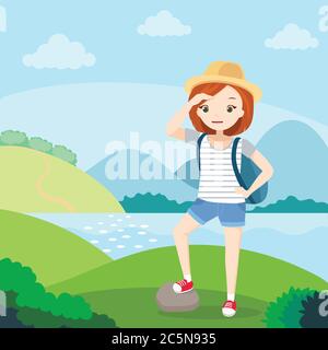 Ragazza in vacanza - giovane donna con zaino, vacanza natura, trekking, montagna, colline, fiume, erba, cielo. Vettore di caratteri carino Illustrazione Vettoriale