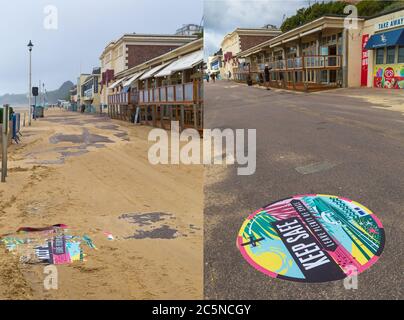 Bournemouth, Dorset UK. 4 luglio 2020. Tempo in Gran Bretagna: Ventoso, seccato e torbido a Bournemouth spiagge come pochissime persone visitare il mare, a parte surfisti e kite surfisti, in modo da può aderire a misure sociali di distanza. Questo composito mostra la quantità di sabbia soffiata sulla passeggiata (a sinistra) da ieri (a destra) con il nuovo segno che ricorda ai visitatori di mantenere al sicuro e lasciare molto spazio devastato dal tempo e appena visibile. Credit: Carolyn Jenkins/Alamy Live News Foto Stock