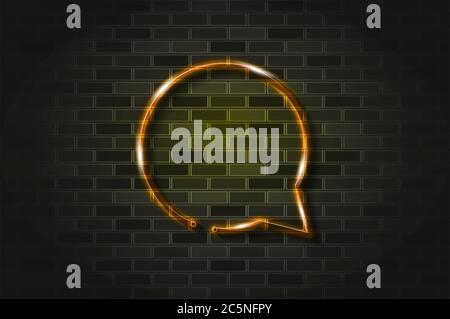 Circolare chat bolla incandescente neon segno o tubo di vetro. Illustrazione vettoriale realistica. Parete nera in mattoni, ombra morbida. Illustrazione Vettoriale