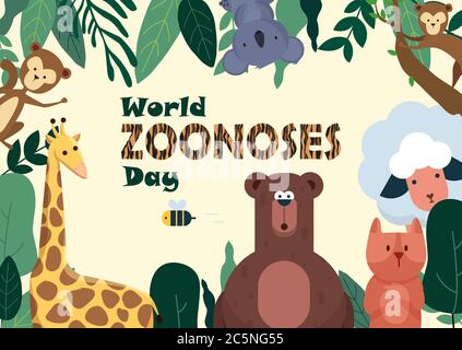 Giornata mondiale delle zoonosi, animali nella giungla, poster, sfondo, illustrazione vettore Illustrazione Vettoriale