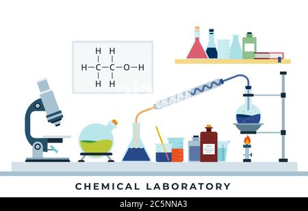 Laboratorio di ricerca chimica disegno piatto illustrazione vettoriale. Illustrazione Vettoriale