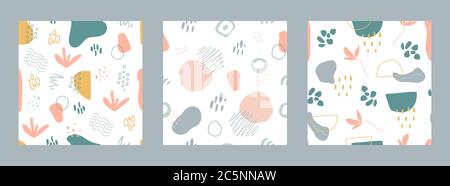 Set di modelli senza giunture di forme organiche. Collezione di cover dal design elegante e minimalista. Forme disegnate a mano uniche in colori pastello. Memphis. Vettore Illustrazione Vettoriale
