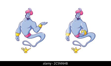 Genio della lampada. Personaggio magico con sorriso in rosso braccialetti arabi in oro turbano emerge da vaso antico. Illustrazione Vettoriale